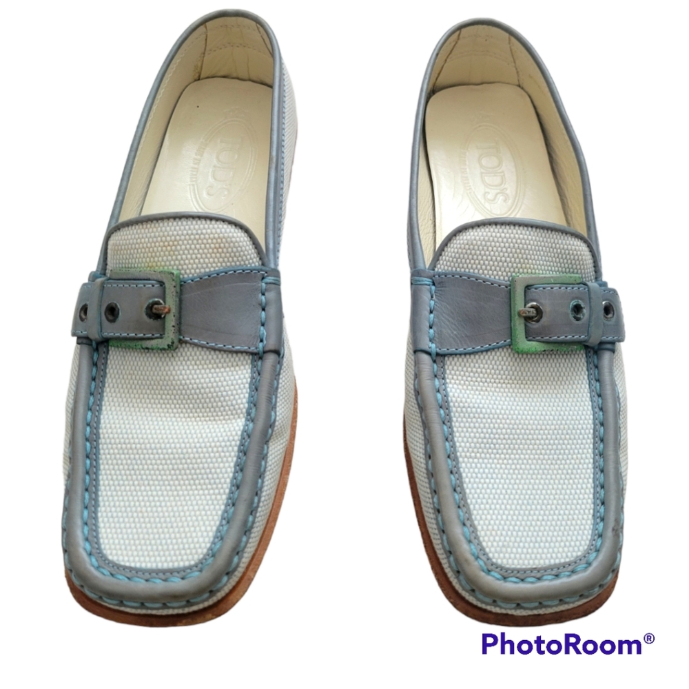 TOD'S Light Blue Canvas Flats Loafers Size 7.5